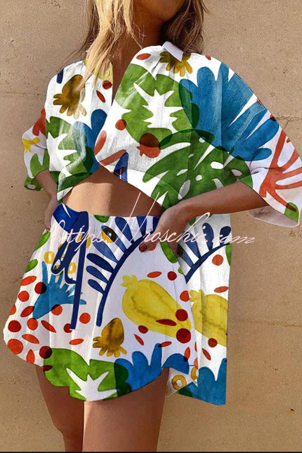 Print Button Pocket Lace Up Shorts Set