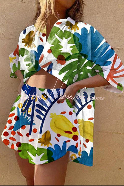 Print Button Pocket Lace Up Shorts Set