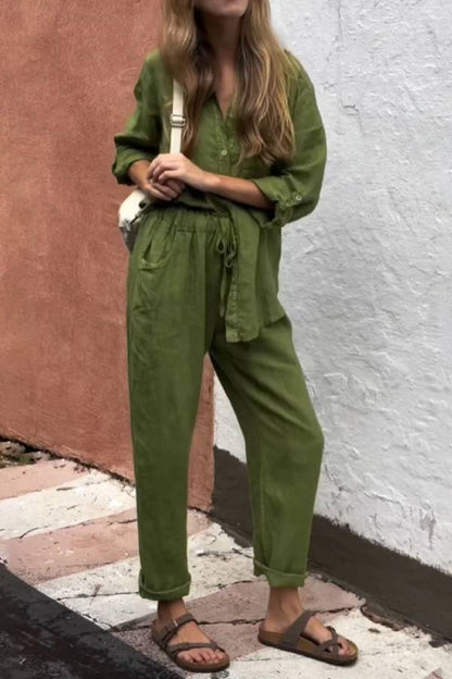 Color V-neck Shirt \u0026 Pants Cotton Linen Two-piece Set