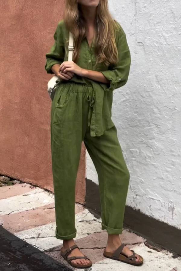 Color V-neck Shirt \u0026 Pants Cotton Linen Two-piece Set