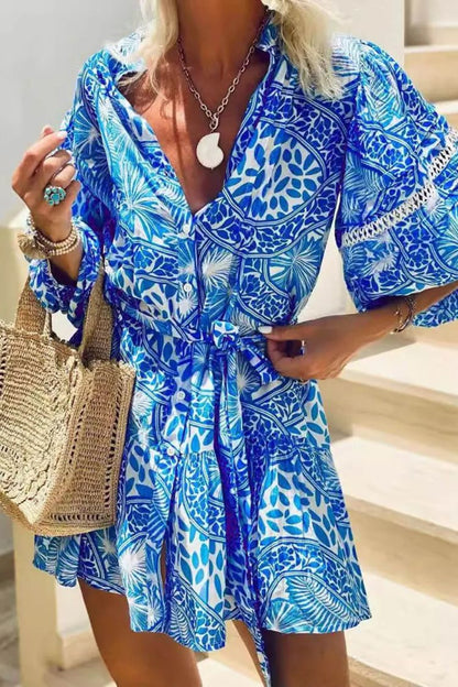 Stand Collar Shift Printed Resort Mini Dress