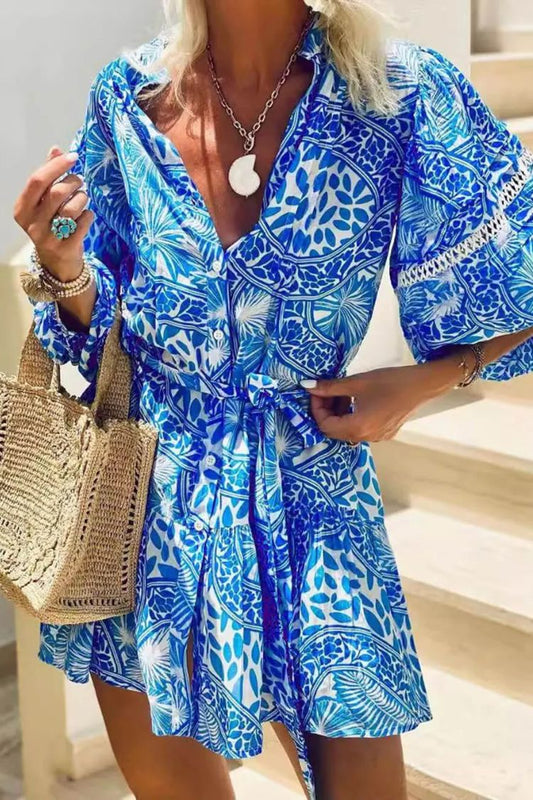 Stand Collar Shift Printed Resort Mini Dress