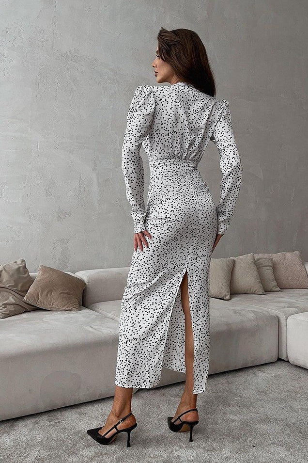 Polka Dot V-neck Puff Sleeve Maxi Dress