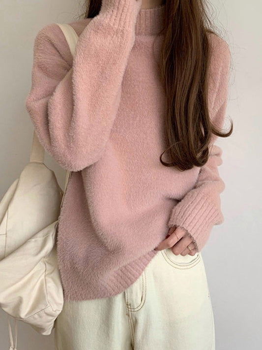 Warm Pink Mock Neck Long Sleeve Mink Sweater Qx005