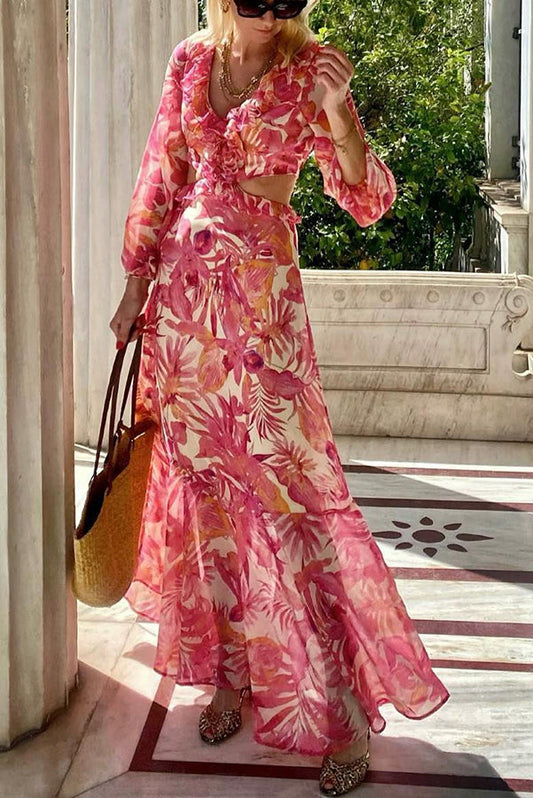 Make Me Blush Ruffle Side Cutout Waist Maxi Dress