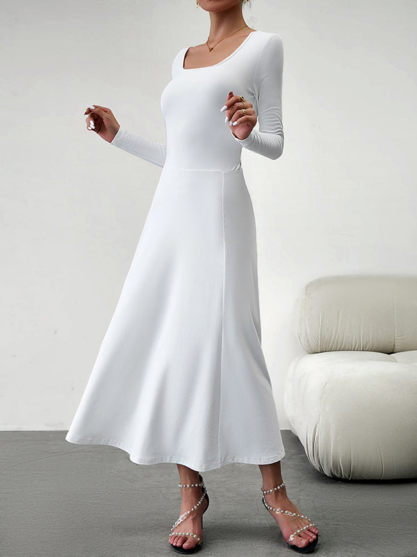A-line High Waisted Color Tied Waist U-neck Midi Dresses