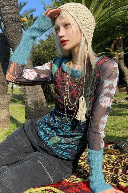 Printed Mesh-paneled Slim Long-sleeve Knit Blouse