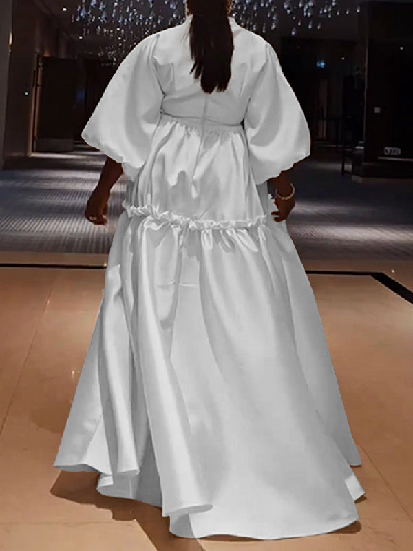High Waisted Puff Sleeves Falbala Color V-neck Maxi Dresses