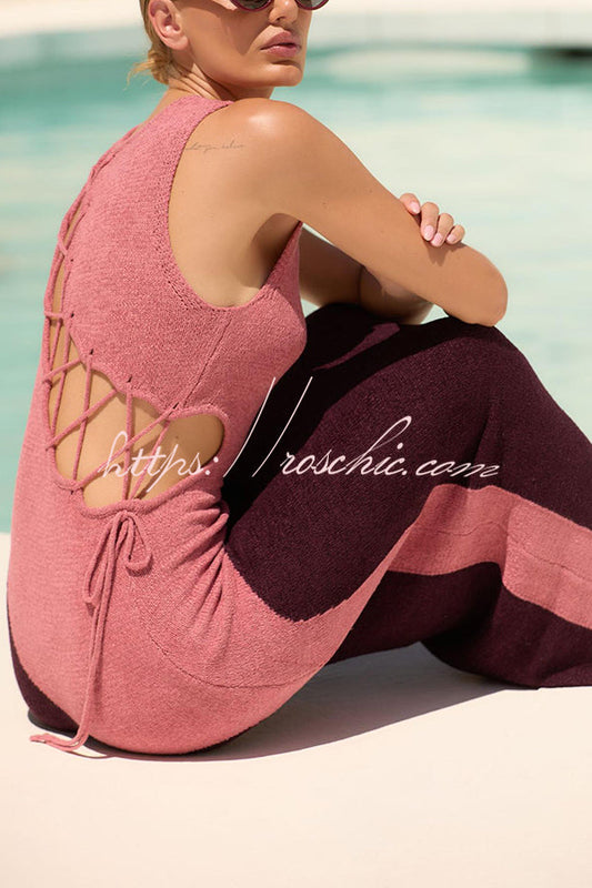 Sunday at the Beach Knit Color Block Hollow Lace-up Cover-up Maxi Dress