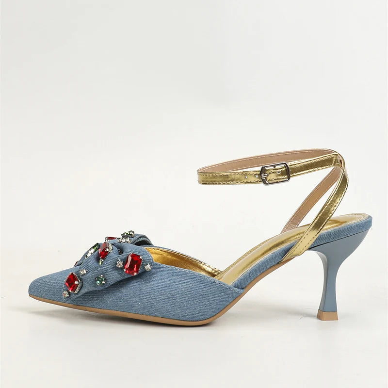 Spring Crystal Rivet Bowknot Slingback Pumps – Pointed Toe Party Dress Shoes