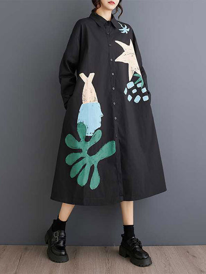 A-line Long Sleeves Buttoned Pockets Printed Split-joint Lapel Midi Dresses Shirt Dress