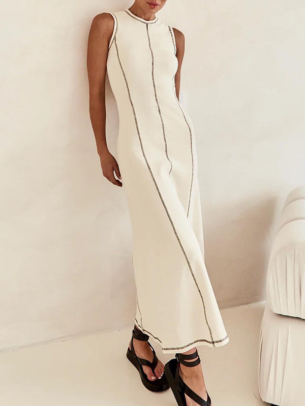 A-line Sleeveless Split-joint Striped Round-neck Maxi Dresses