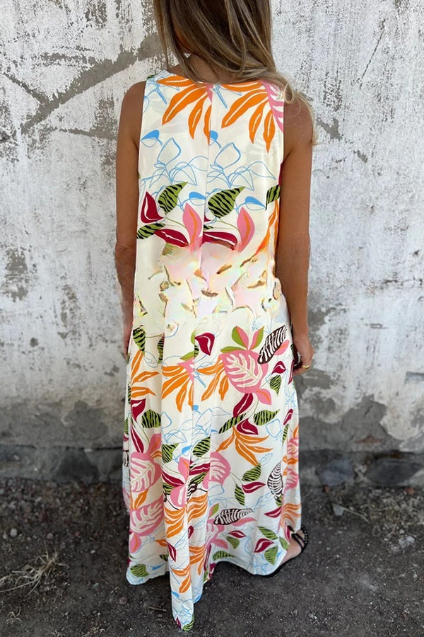 Botanical Print V-neck Pocket Loose Maxi Dress