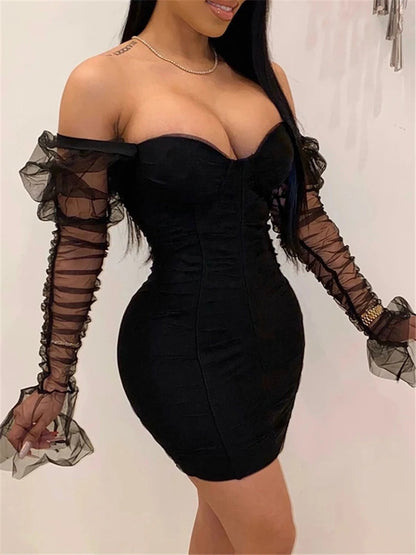 Mesh Puff Sleeve Party Dress Low Collar Backless Patchwork Red Mini Dress Nightclub Spring Vestidos