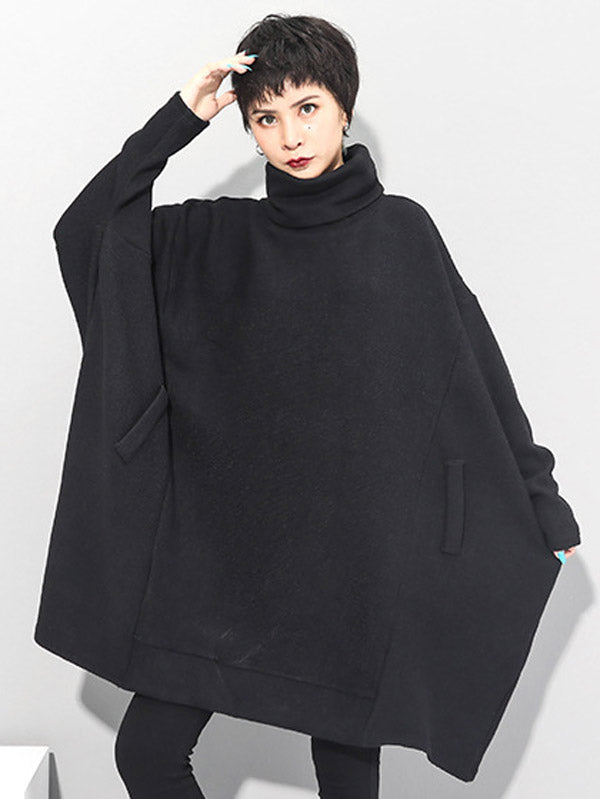 Super Loose Black High-neck Knitting Batwing Sleeves Sweater Dress