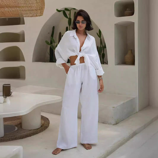 Cotton and Linen Shirt Drawstring Wide-leg Pants Set