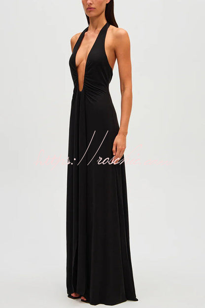 Silhouette Deep U-neck Halter Waterfall Sash Drape Maxi Dress