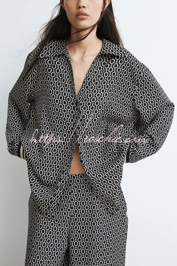 Unique Print Lapel Long Sleeve Loose Shirt and Elastic Waist Pocket Wide Leg Pants Set