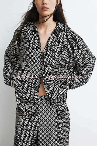 Unique Print Lapel Long Sleeve Loose Shirt and Elastic Waist Pocket Wide Leg Pants Set