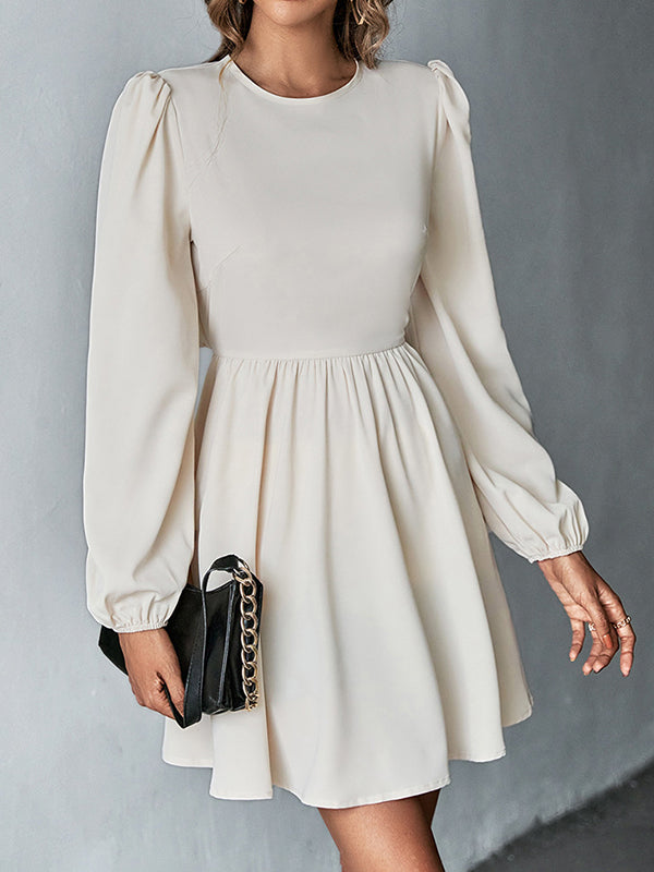 A-line Bishop Sleeve Backless Elasticity Hollow Pleated Color Tied Round-neck Mini Dresses