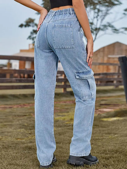 Washed Semi-elastic Denim Cargo Pants