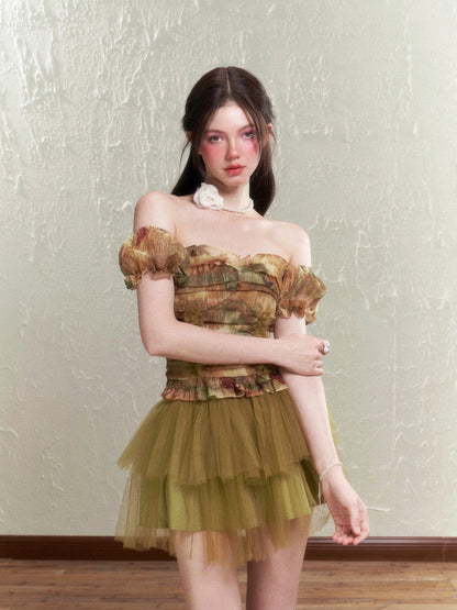Retro Rose Tulle Frill Top & Mini Skirt
