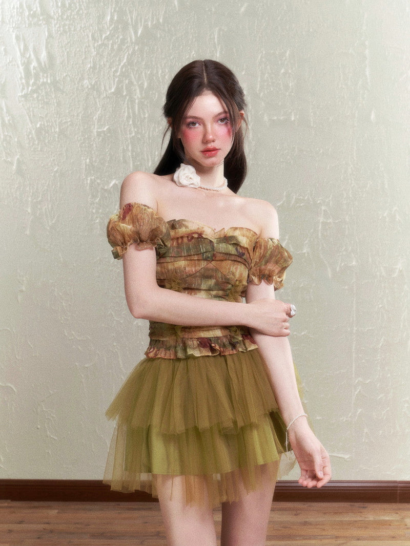 Retro Rose Tulle Frill Top & Mini Skirt