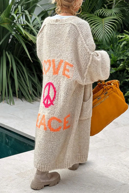 Open Front Love and Peace Pattern Long Sweater Cardigan(in 5 Colors)