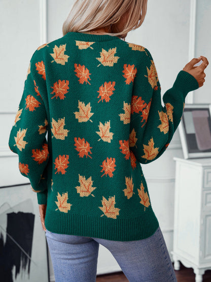 Maple Leaf Pattern Jacquard Pullover Sweater for
