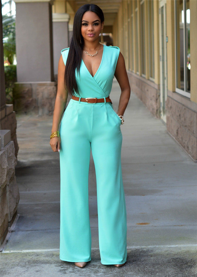 Clothing High Waist V Neck Wide Leg Irregular Asymmetric Suit With Belt Jumpsuit
