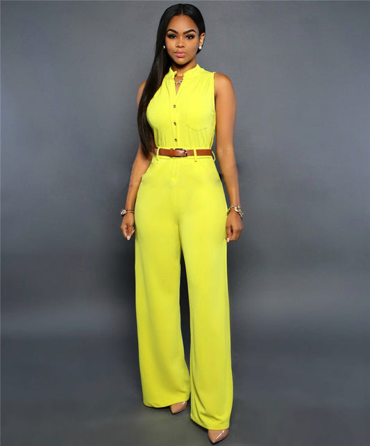 Clothing Single Breasted High Waist With Belt Wide Leg Pants Jumpsuit