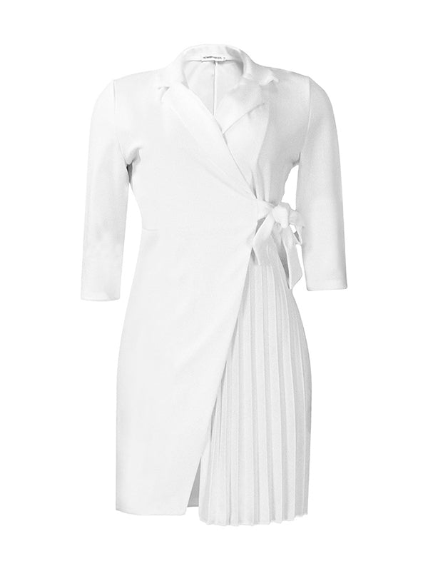 Three-quarter Sleeves Pleated Color Split-front Tied Waist V-neck Mini Dresses