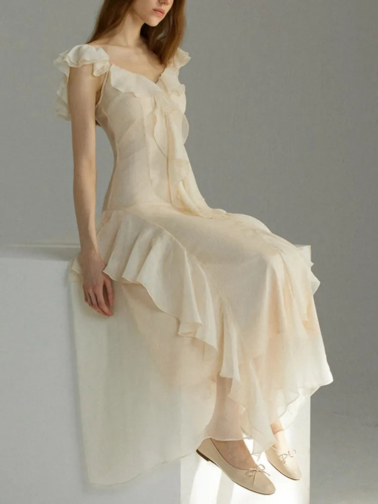 French Ruffles Midi Dress Summer New Sleeveless V-neck Holiday Beach Style A-line Party Prom Robe Vestido Mujer