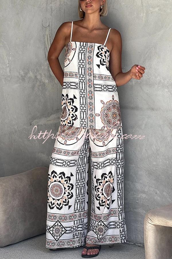 Unique Print Loose Tank Top and Elastic Waist Wide Leg Straight Pants Set