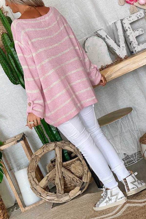 Color Contrast Stripe Pullover Round Neck Loose Sweater