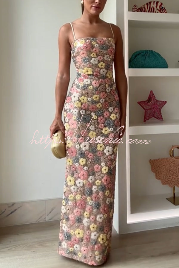 80's Inspired Print Sequin Square Neck Slip Stretch Maxi Dress