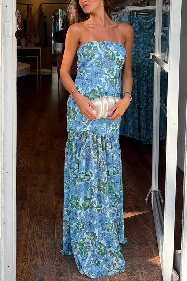 Print Strapless Fitted Slit Maxi Dress