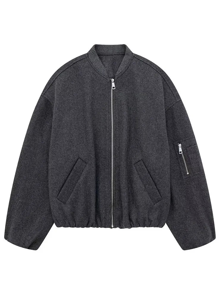 Soild Bomber Jacket for Autumn Long Sleeve Zipper Pocket Coats Female Stand Collar Street Lady Outerwear