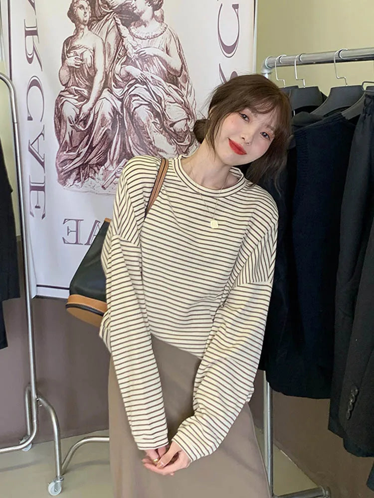 Coffee Stripes Cotton T-shirts Loose-fitting Autumn Lady Full Sleeve All Match Tops