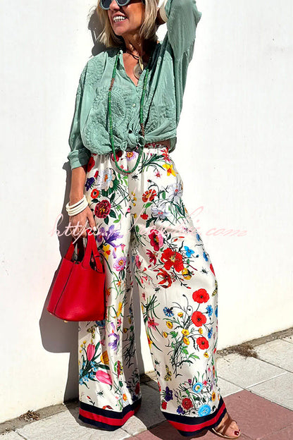 Fabulous Fiesta Satin Unique Print Elastic Waist Pocketed Wide Leg Pants