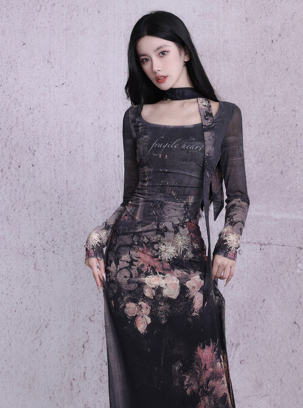 Enchanting Midnight Bloom Maxi Dress: Long-sleeve Bodycon With Print and Choker Detail