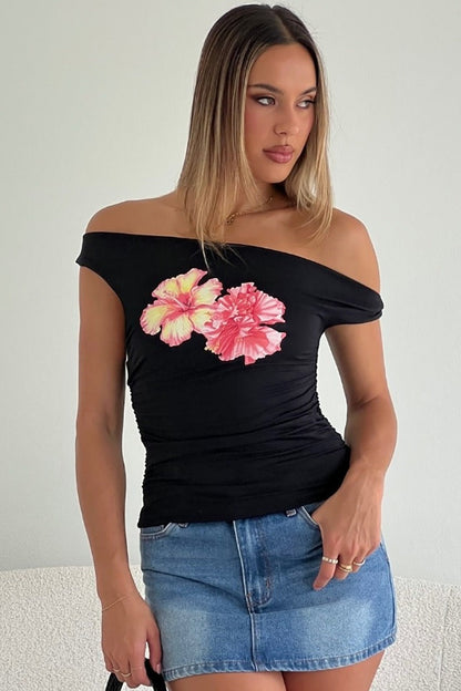 Off Shoulder Print Crop T-shirt