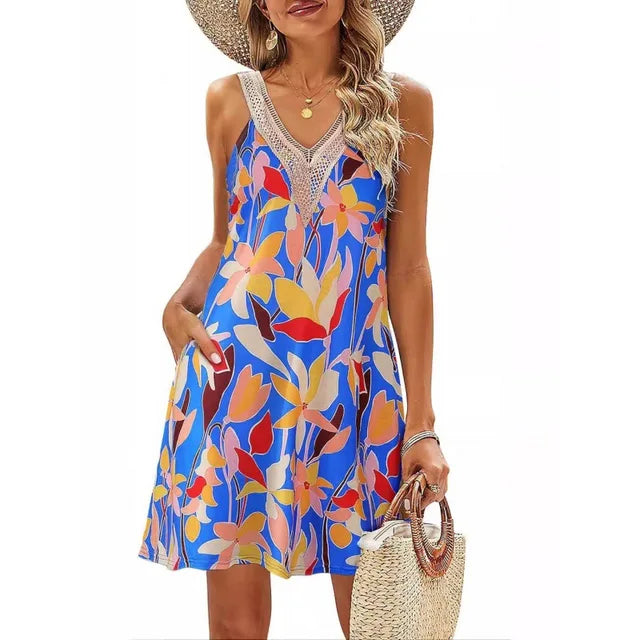 Summer Print Vest Dresses Lace Patchwork V-neck Beach Vacation Mini Dress Lady Commuting Clothing Vestidos