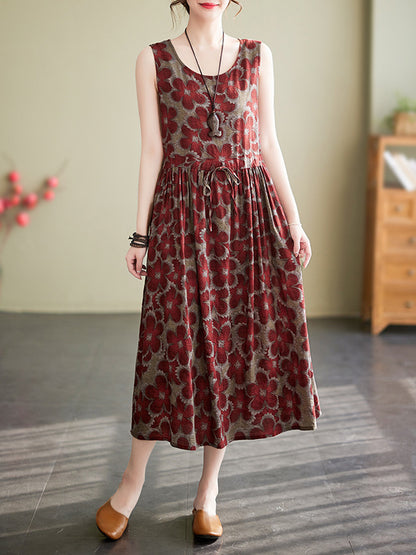 Loose Oversize Drawstring Printed Round-neck Midi Dresses