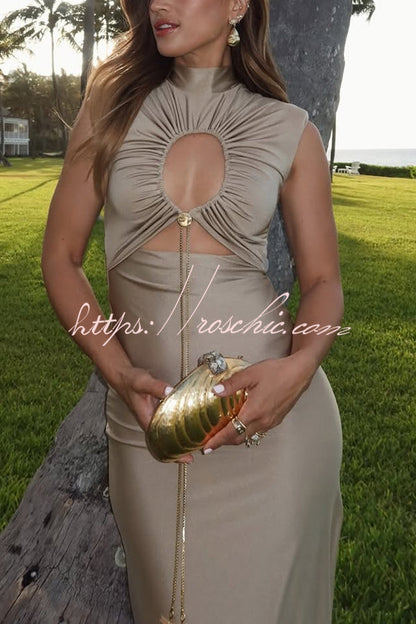 Genis Hollow Elastic Bust High Neck Sleeveless Gathered Maxi Dress