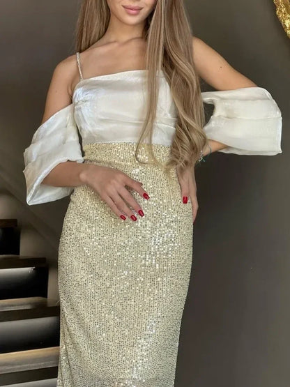 Female Sequin Long Skirt High Waist Patchwork Glitter Party Gown Maxi Skirt Slim for Long Skirt