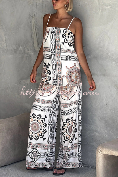 Unique Print Loose Tank Top and Elastic Waist Wide Leg Straight Pants Set