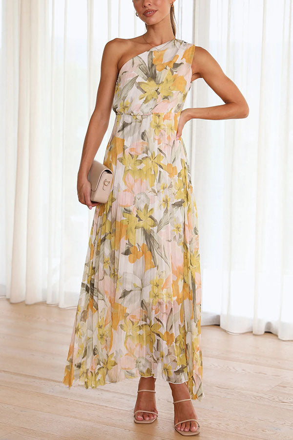 Saw an Angel One Shoulder Elastic Waist Pleated Maxi Dress