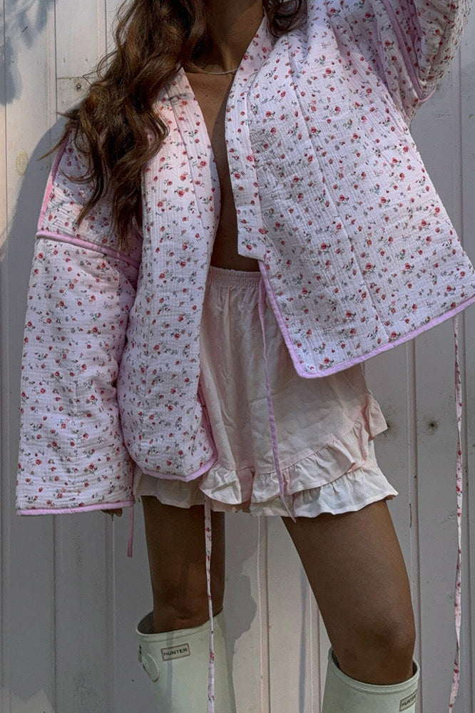 Pink Sweet Tie V-neck Flared Sleeve Coat