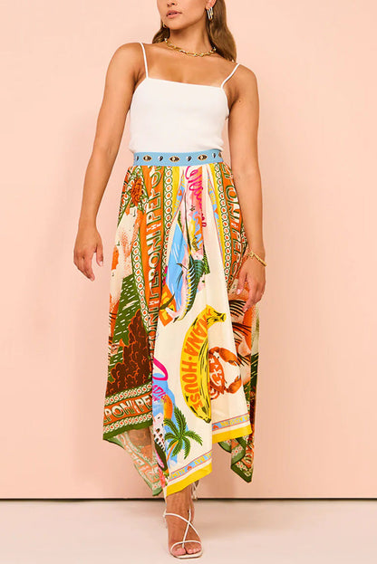 Summer Destination Satin Unique Print Elastic Waist Irregular Hem Maxi Skirt